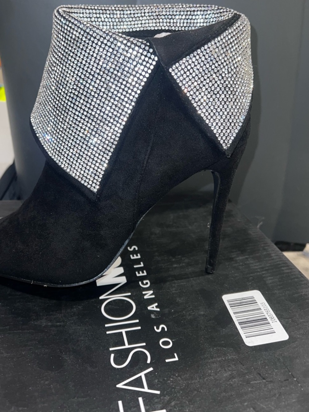 Fashion Nova Black Suede Ankle Boot with Rhinestone Fold
